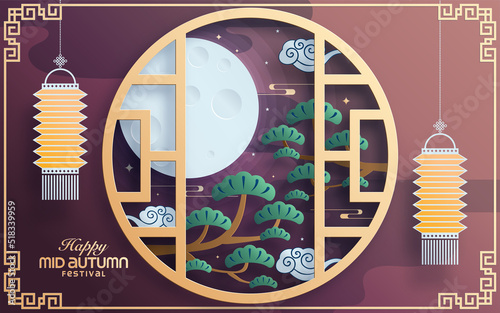 Mid autumn festival paper art style with full moon, moon cake, chinese lantern and rabbits on background.