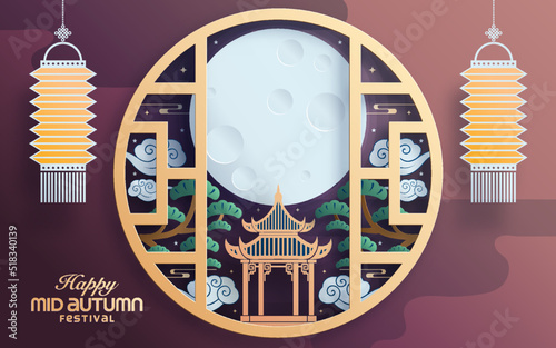 Mid autumn festival paper art style with full moon, moon cake, chinese lantern and rabbits on background.