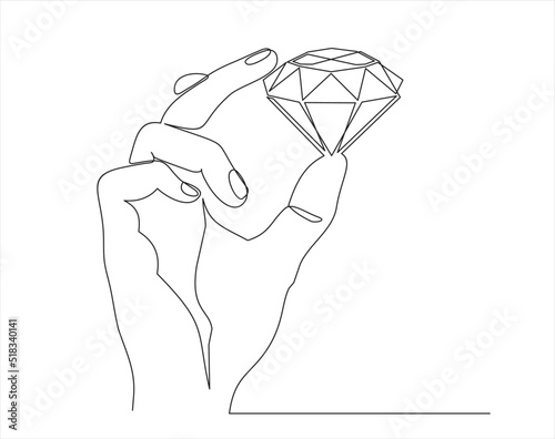 Continuous one line drawing of Hand holding a brilliant, diamond. Can used for logo, emblem, slide show and banner.One line vector illustration.
