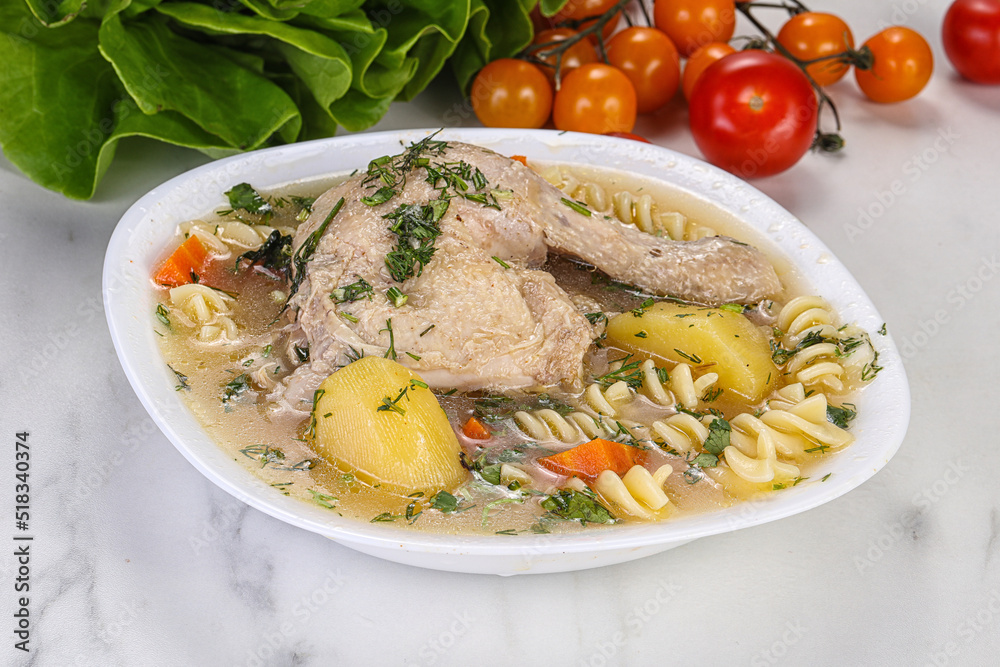 Chicken soup with leg and macaroni Chicken soup with leg and macaroni
