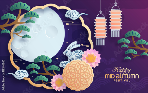 Mid autumn festival paper art style with full moon, moon cake, chinese lantern and rabbits on background.