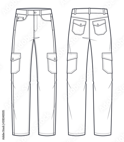 Unisex Jeans, Cargo Pants fashion flat technical sketch template. Jeans pants fashion illustration with full lenght, medium waist, pockets, oversized, front, back view, white, CAD mockup.