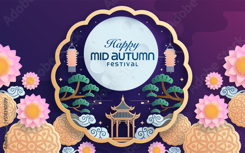 Mid autumn festival paper art style with full moon, moon cake, chinese lantern and rabbits on background.