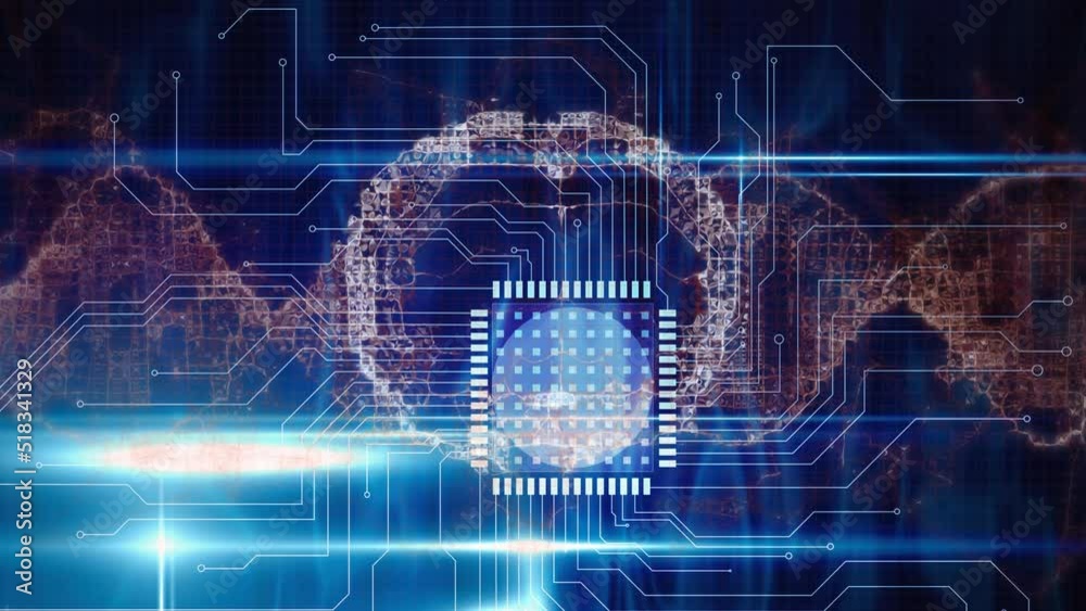 Animation of digital brain and dna strand over computer circuit board on black background Animation of digital brain and dna strand over computer circuit board on black background