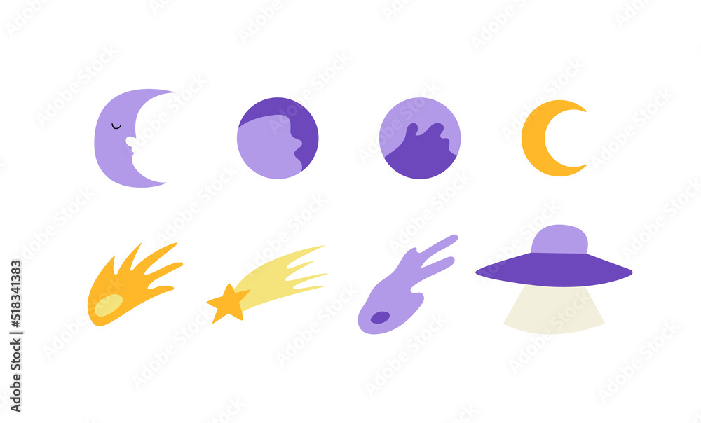 Set of cosmic objects on isolated background. Planets, meteor, star, moon, alien ship, galaxy comet, meteorite. Vector flat astronomy illustration 