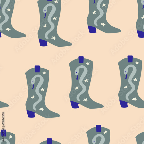 Seamless pattern with cowgirl boots with snakes and stars. Wild west, western hand drawn vector trendy background.