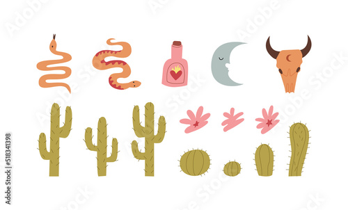 Wild west objects on isolated background. Snakes, rum bottle, moon, bull skull, cactus and abstract flowers. Vector illustration in western style.