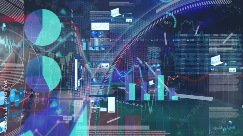 Animation of statistics and financial data processing over cityscape Animation of statistics and financial data processing over cityscape