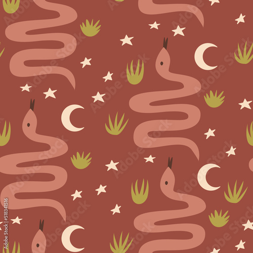 Wild west seamless pattern with snakes  stars  moon and grass. Vector western  mystical  boho background