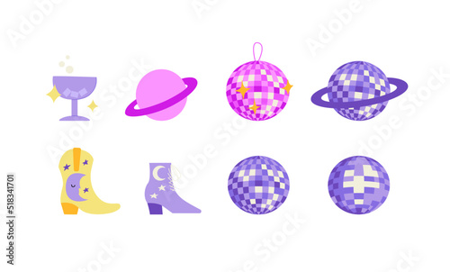 Set of cowboy disco party objects on isolated background. Disco ball, saturn planet, cocktail drink and cowgirl boots. Vector flat illustration