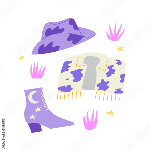 Set of cowgirl clothes and accessories. Vector illustration on isolated background. Disco party concept. Cowboy hat, jacket, boots, stars and grass.