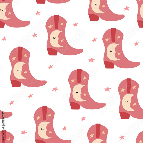 Seamless pattern with cowgirl boots with moon and stars. Wild west, western, texas hand drawn vector trendy background.