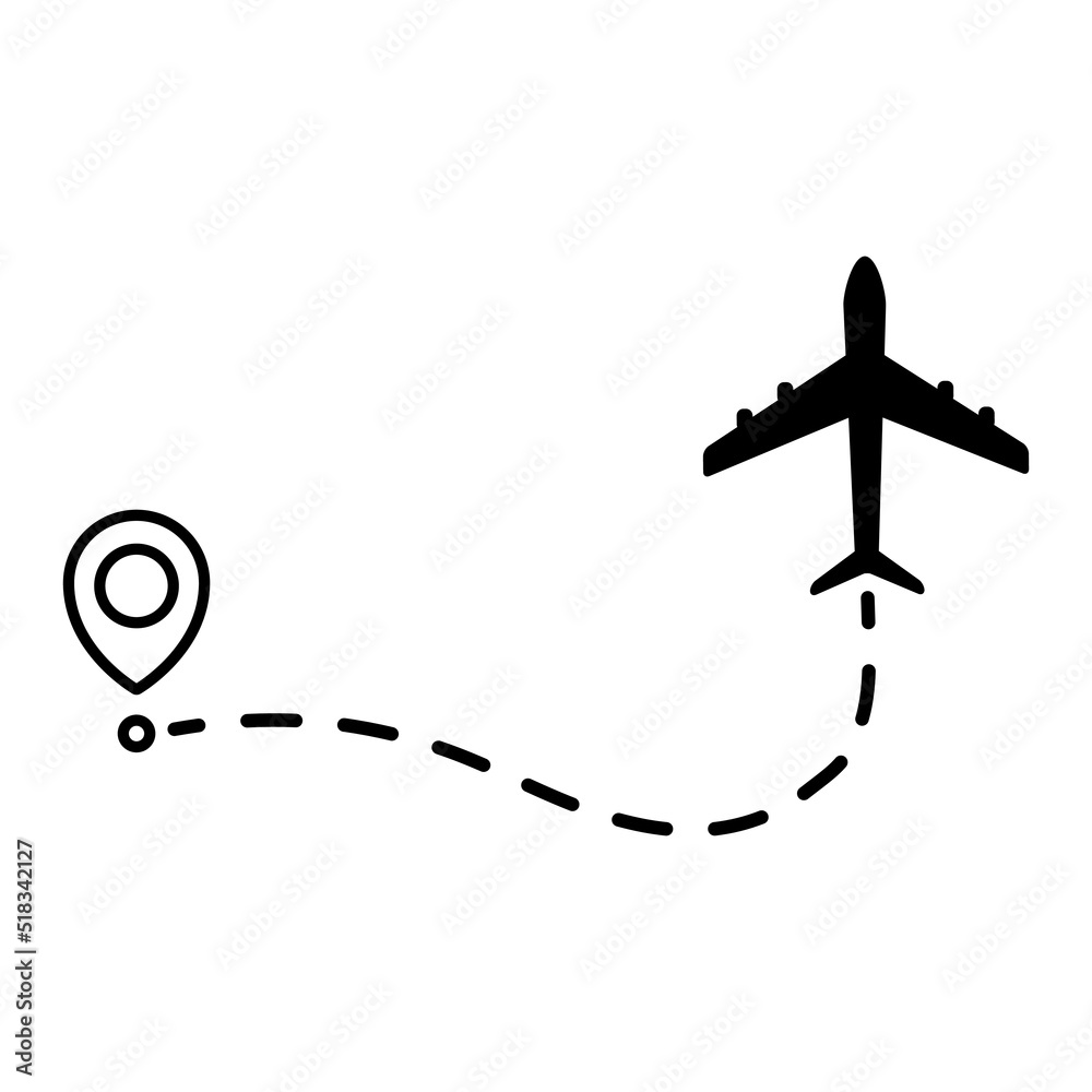 Airplane line dotted path. Plane flight route with start point and dotted line trace. Travel and tourism concept. Vector illustration isolated on white background. Airplane line dotted path. Plane flight route with start point and dotted line trace. Travel and tourism concept. Vector illustration isolated on white background.