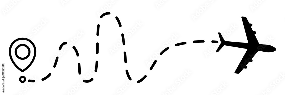 Airplane line dotted path. Plane flight route with start point and dotted line trace. Travel and tourism concept. Vector illustration isolated on white background. Airplane line dotted path. Plane flight route with start point and dotted line trace. Travel and tourism concept. Vector illustration isolated on white background.