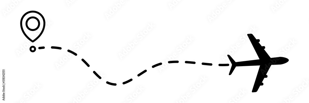 Airplane line dotted path. Plane flight route with start point and dotted line trace. Travel and tourism concept. Vector illustration isolated on white background. Airplane line dotted path. Plane flight route with start point and dotted line trace. Travel and tourism concept. Vector illustration isolated on white background.