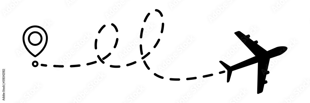 Airplane line dotted path. Plane flight route with start point and dotted line trace. Travel and tourism concept. Vector illustration isolated on white background. Airplane line dotted path. Plane flight route with start point and dotted line trace. Travel and tourism concept. Vector illustration isolated on white background.