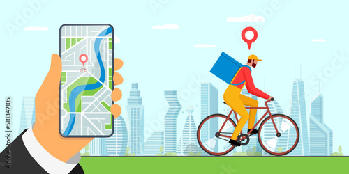 Bicycle delivery ordering service app banner concept. Hand holding smartphone with geotag location pin on city map and express carrying courier on bike with backpack. Food and goods online order. Eps