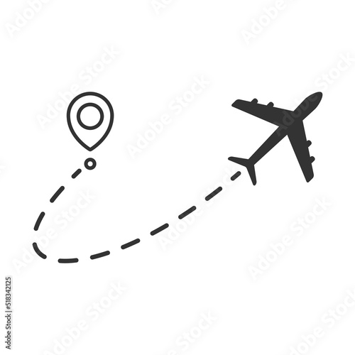 Airplane line dotted path. Plane flight route with start point and dotted line trace. Travel and tourism concept. Vector illustration isolated on white background.