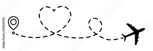 Airplane line dotted path in heart shape. Plane flight route with start point and dotted line trace. Travel and tourism concept. Vector illustration isolated on white background.