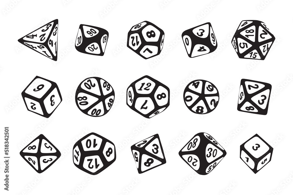 Vector icon set of dice for boardgames in doodle style black-white colors Vector icon set of dice for boardgames in doodle style black-white colors