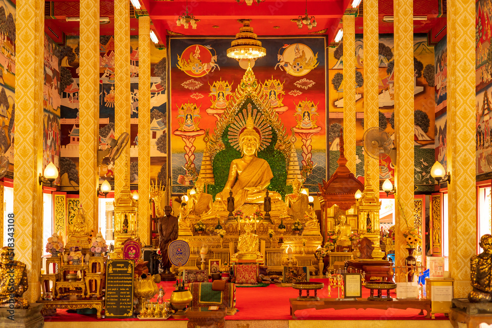 Ubon Ratchathani, Thailand - July 10, 2022: Buddhists visit the Beautiful Wat Tai Tha Temple, Ubon Ratchathani province, Thailand, ASIA.