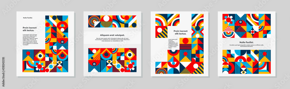 Cover design set bauhaus minimal 20s geometric style with geometry figures and shapes circle, triangle. square. Human psychology and mental health concept illustration. Vector 10 eps