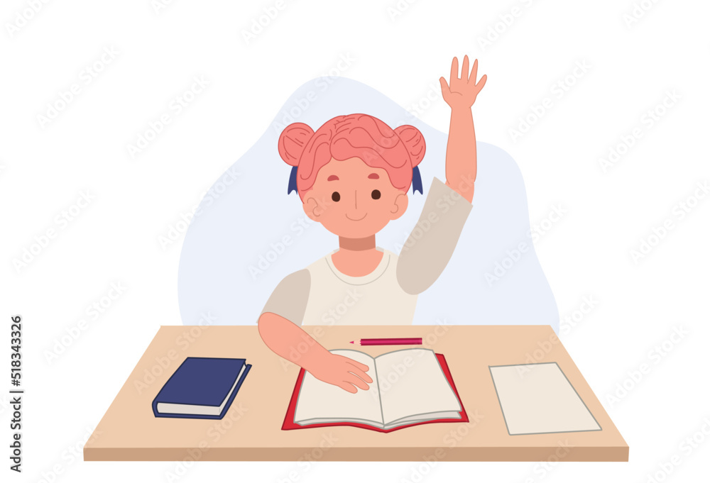 Student girl in classroom sitting at her desk is raising hand up to answer or asking the question.cartoon Vector illustration. Student girl in classroom sitting at her desk is raising hand up to answer or asking the question.cartoon Vector illustration.