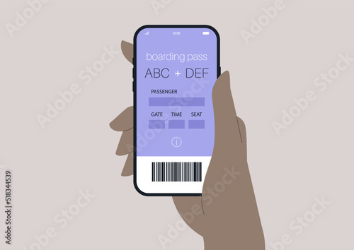 A hand holding a mobile boarding pass, a modern travel concept