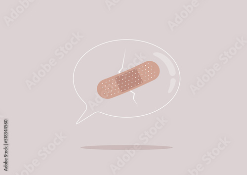 Protecting the freedom of speech, a cracked comic bubble fixed with an adhesive bandage