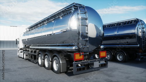 Generic 3d model of gasoline tanker on warehouse parking. Logistic center. Delivery, transport concept. 3d rendering.