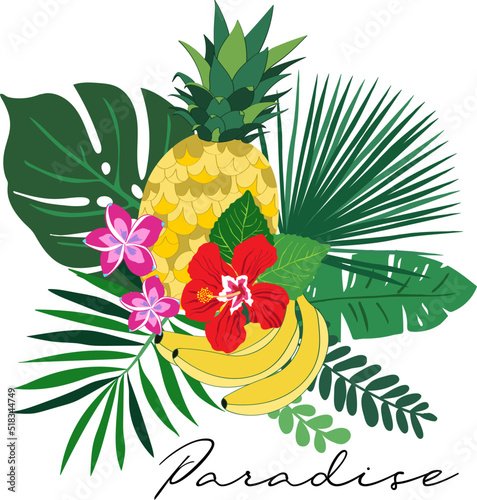 Colorful tropical placement print vector illustration with tasty delicious fruit, pineapple, bananas, flowers and leaves, lettering paradise