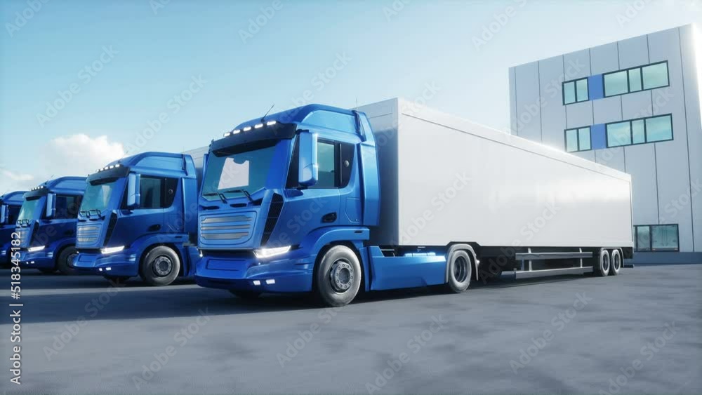 Generic 3d model of cargo trucks on warehouse parking. Logistic center. Delivery, transport concept. Realistic 4k animation. Generic 3d model of cargo trucks on warehouse parking. Logistic center. Delivery, transport concept. Realistic 4k animation.