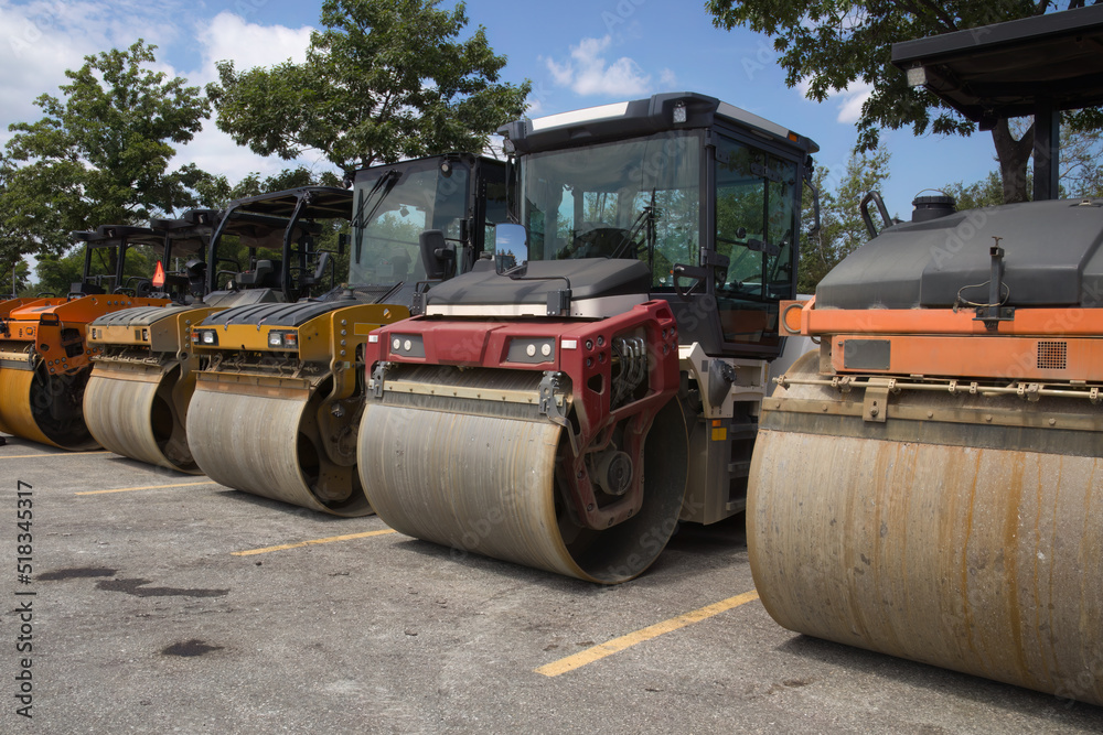several steamrollers on road construction site heavy equipment asphalt paving roller compactor several steamrollers on road construction site heavy equipment asphalt paving roller compactor