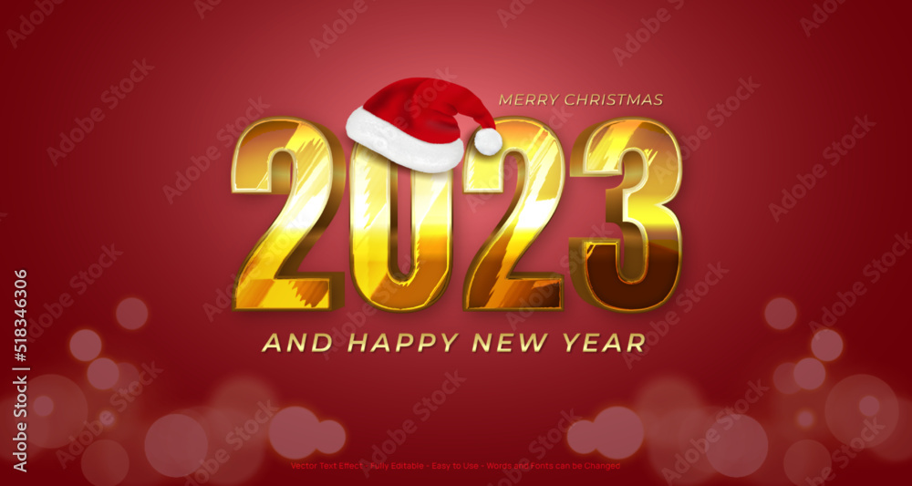 2023 happy new year design in gold number with santa hat icon between numbers