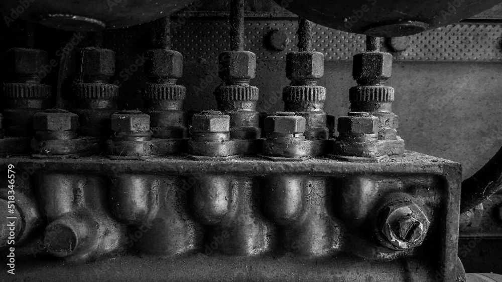 Close up Old rusty generator engine. black and white photo Close up Old rusty generator engine. black and white photo