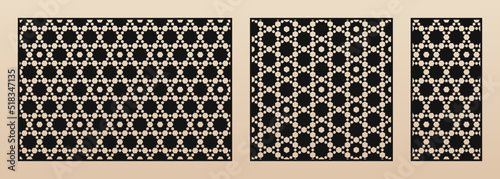 Decorative panels for laser cutting. Cutout silhouette with abstract geometric pattern, hexagonal grid, lattice, mesh. Laser cut stencil for wood, metal, paper, plastic. Aspect ratio 3:2, 1:1, 1:2