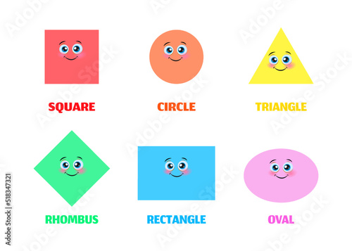 Set of smiling geometric figures. Comic cartoon characters for children education. Basic geometric shapes different colors.. Vector illustration