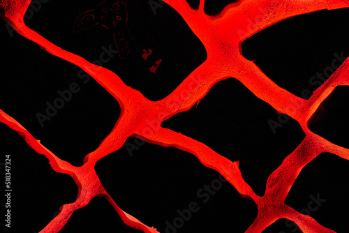 Display of red lava veins through rocks