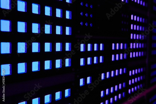 Computer wall board of blue and purple square lights
