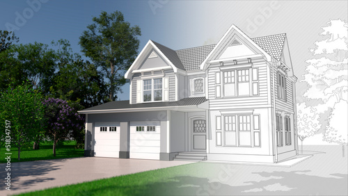 Exterior view of the farmhouse. Country house with garage in colonial style. Garage the house. Cottage drawing. Graphic arts. Drawing flow into render. 3D render.