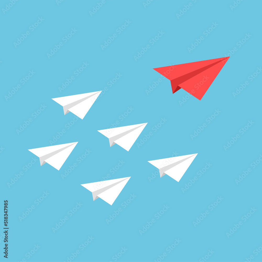 Think and being differently. Red paper plane lead white ones. Concept of leadership and teamwork. Taking risky. Vector illustration. Think and being differently. Red paper plane lead white ones. Concept of leadership and teamwork. Taking risky. Vector illustration.