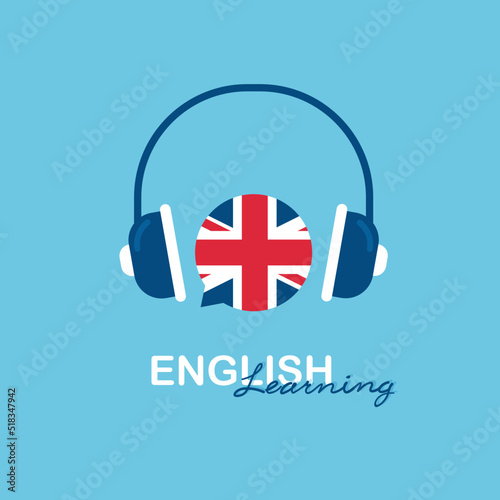 English language course. Online learning and distance education. Headphones or earphones with  speech bubble. Great Britain flag.