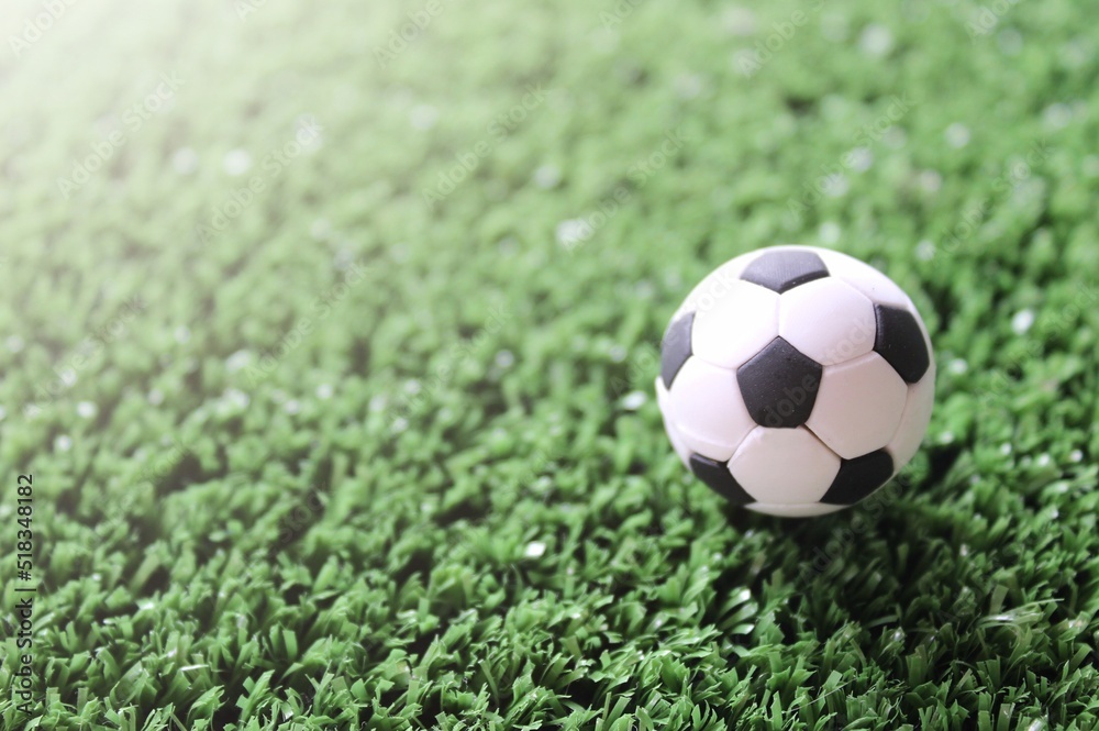 Fototapeta premium Soccer ball on soccer field with copy space. Sport, football concept.