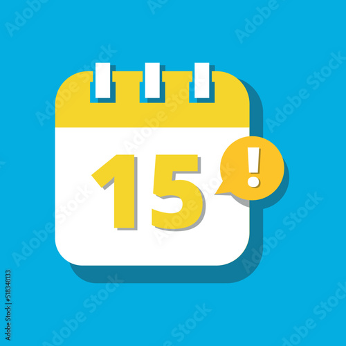 Yellow Calendar icon isolated on blue background. 3D perspective. Vector illustration, Day 15 agenda icon.