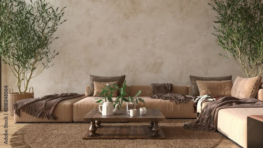 Canvas style beige living room interior with natural wooden furniture. 4K 3d render illustration video. Mock up wall.
