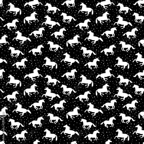 Seamless white unicorn pattern on black background with stars. Print funny for fabric  paper and web.