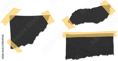 Set Collection of Black Torn Crumpled Paper with Shadow and Yellow Duct Tape. Vector Illustration.