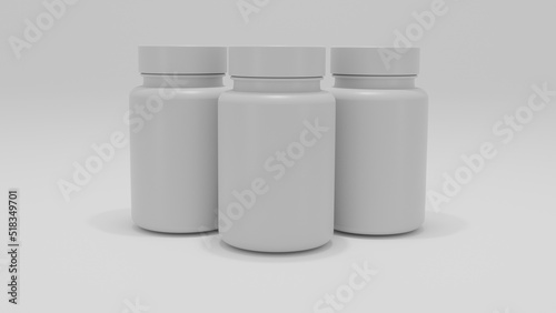 White pill jars isolated on white background. Minimalism. 3D render