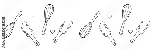 baking with wire whisk logo on white background isolated. Hand drawn isolated metal whisk. Kitchen tools. Vector engraved icon. For restaurant and cafe menu, baker shop, bread, pasty, sweets.