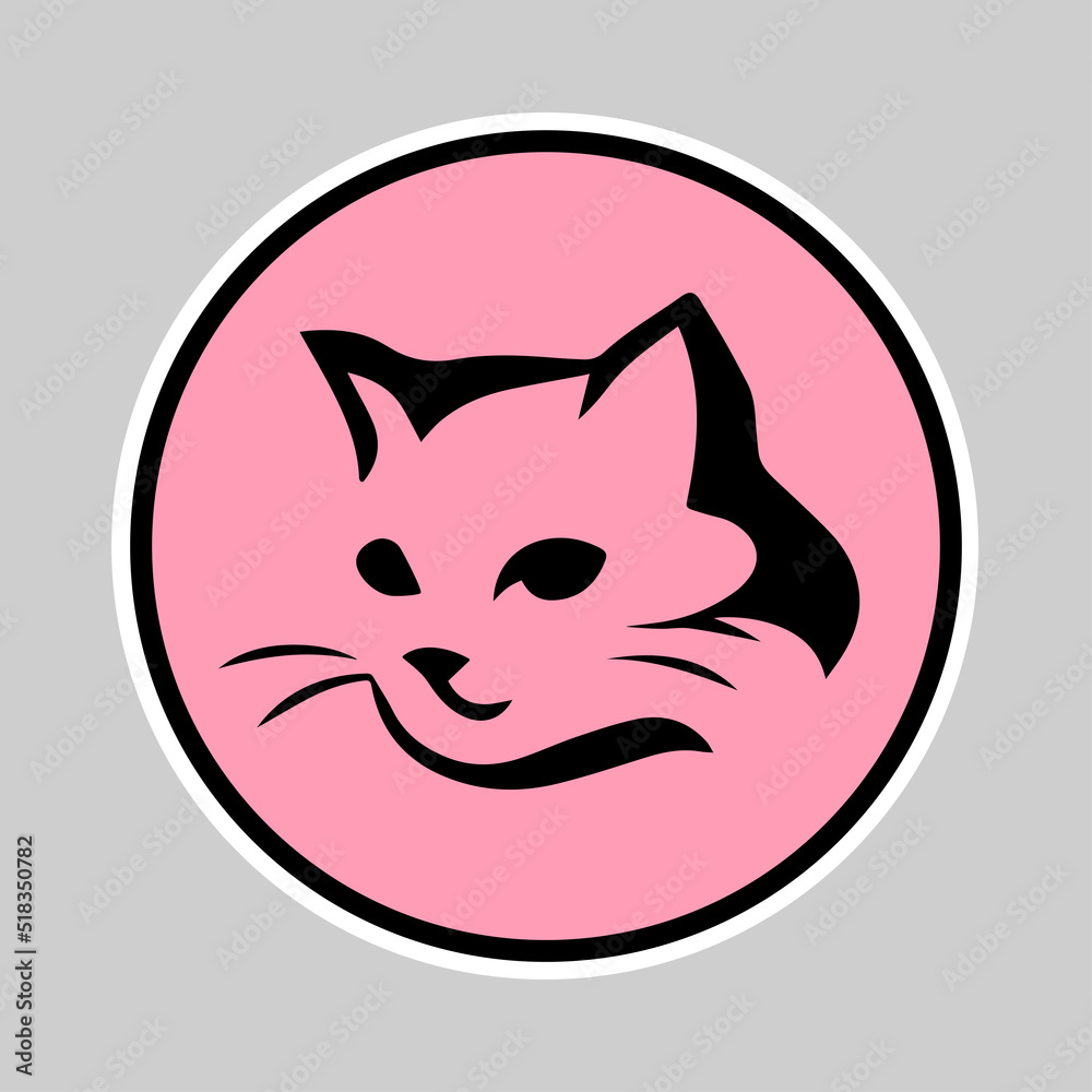 Fototapeta premium Cute little kitten on the pink circle background as sticker for web design. Lovely cat sticker for design websites, applications or social network communication. 